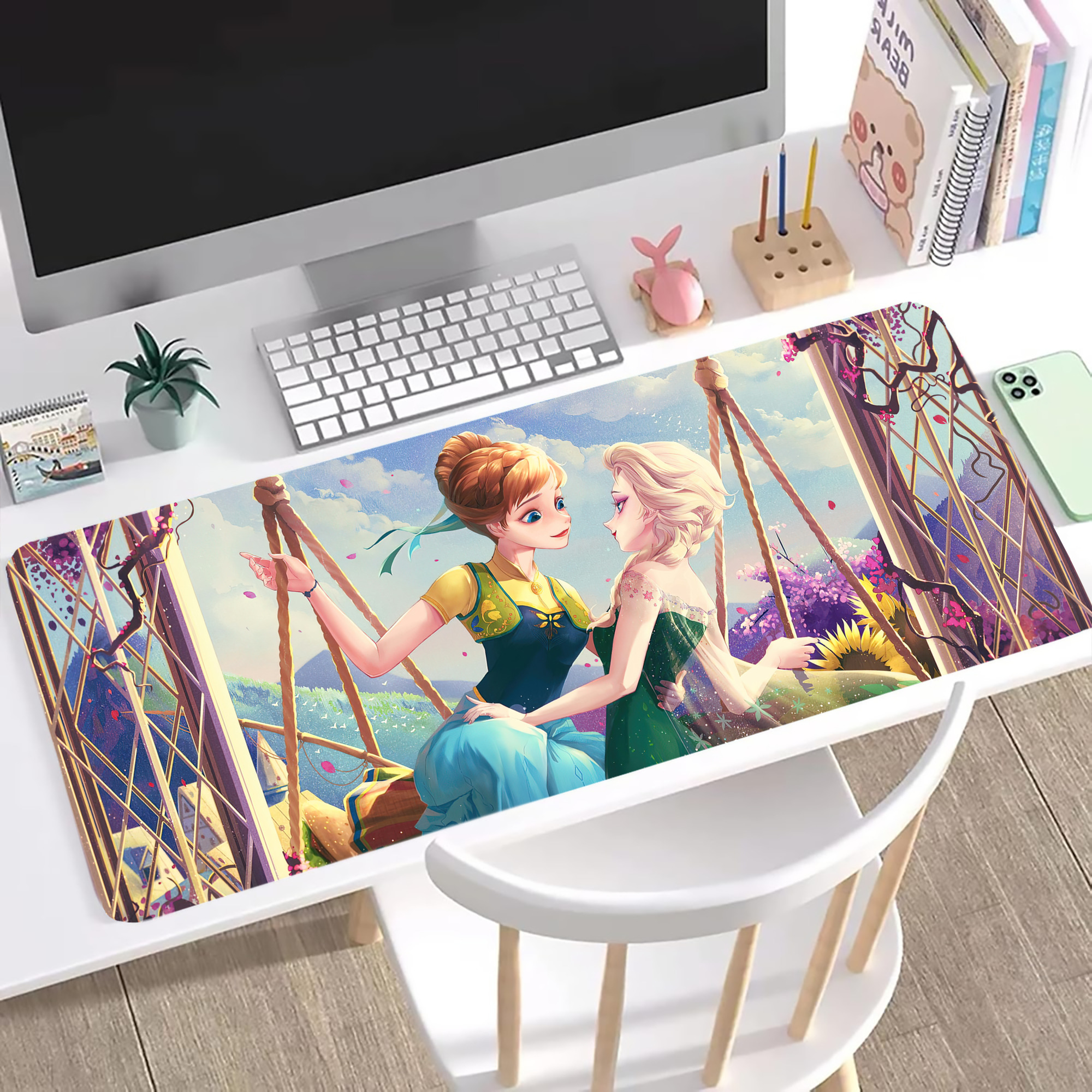 （画像用） アナと雪の女王 アンナ エルサ Frozen Anna Elsa ステッチ加工 大判デスクマット／滑り止めマウスパッド