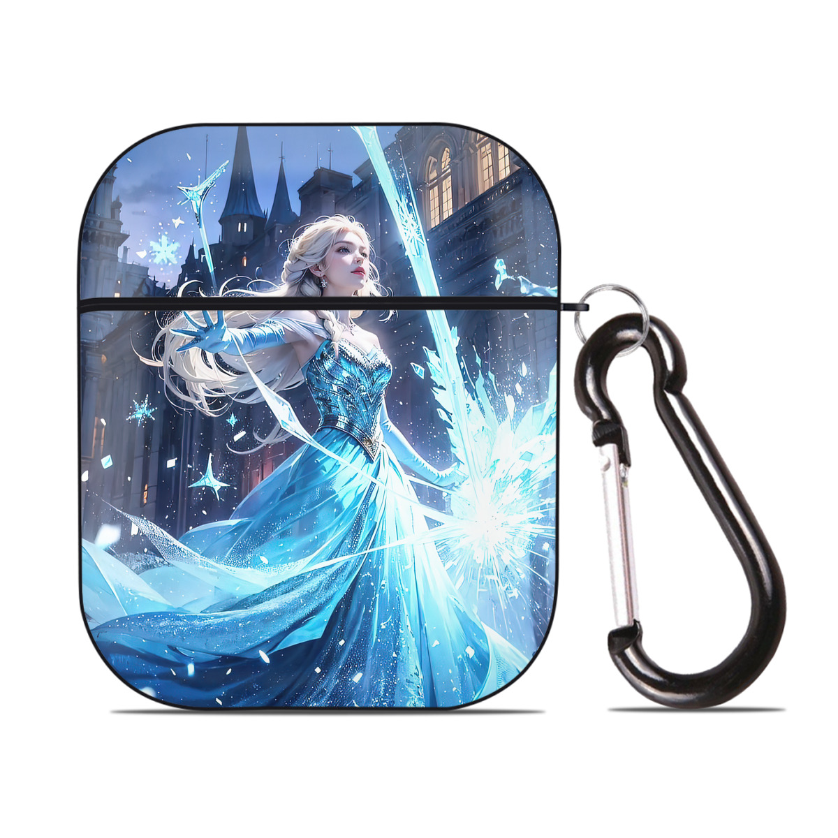 （画像用） アナと雪の女王 アンナ エルサ Frozen Anna Elsa AirPods 第2世代保護ケース ハードシェル ブラック 耐衝撃・防指紋・カラビナ付き