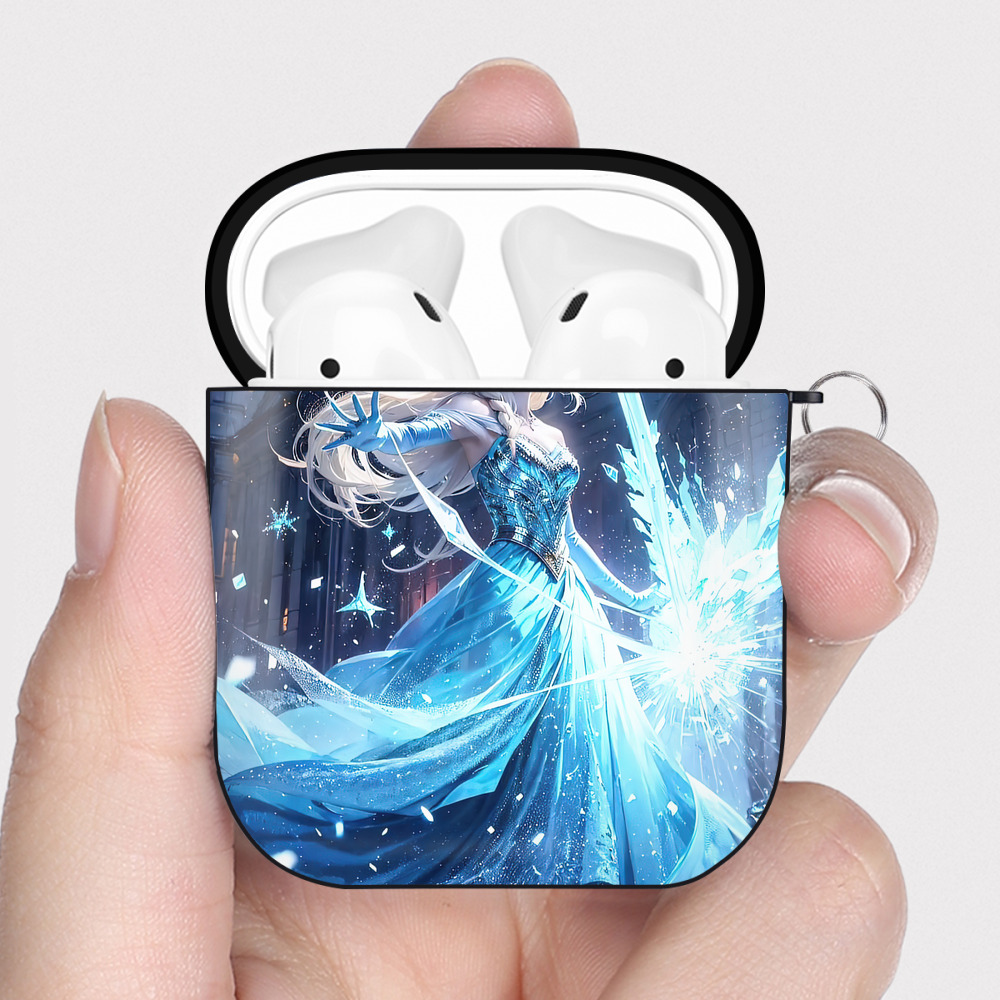 （画像用） アナと雪の女王 アンナ エルサ Frozen Anna Elsa AirPods 第2世代保護ケース ハードシェル ブラック 耐衝撃・防指紋・カラビナ付き