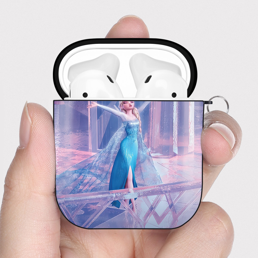 （画像用） アナと雪の女王 アンナ エルサ Frozen Anna Elsa AirPods 第2世代保護ケース ハードシェル ブラック 耐衝撃・防指紋・カラビナ付き