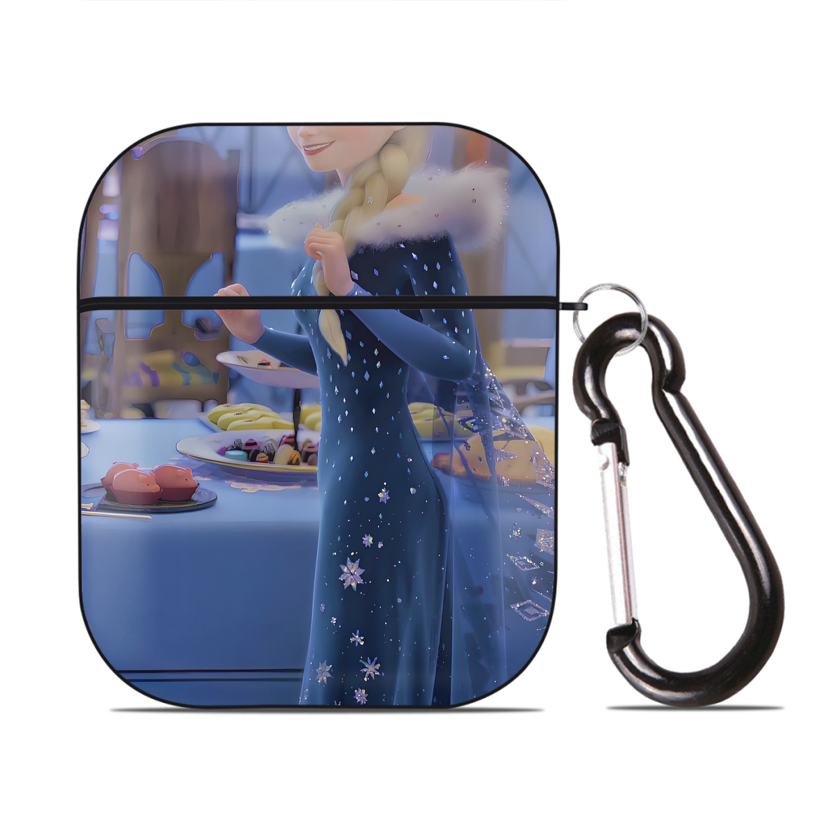 （画像用） アナと雪の女王 アンナ エルサ Frozen Anna Elsa AirPods 第2世代保護ケース ハードシェル ブラック 耐衝撃・防指紋・カラビナ付き