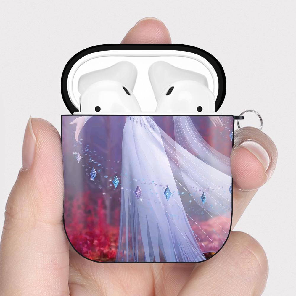 （画像用） アナと雪の女王 アンナ エルサ Frozen Anna Elsa AirPods 第2世代保護ケース ハードシェル ブラック 耐衝撃・防指紋・カラビナ付き
