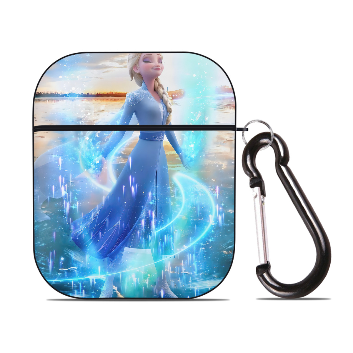 （画像用） アナと雪の女王 アンナ エルサ Frozen Anna Elsa AirPods 第2世代保護ケース ハードシェル ブラック 耐衝撃・防指紋・カラビナ付き