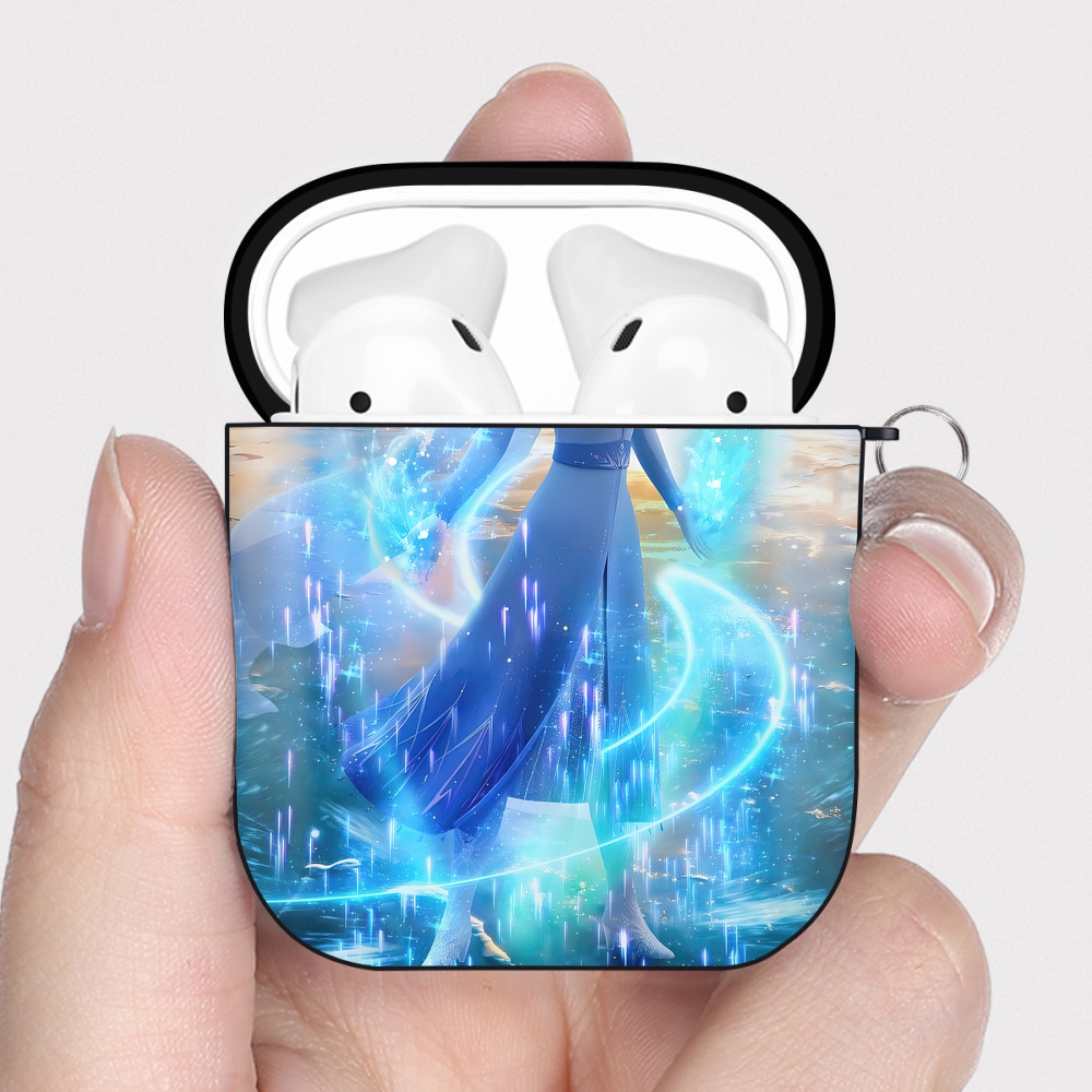 （画像用） アナと雪の女王 アンナ エルサ Frozen Anna Elsa AirPods 第2世代保護ケース ハードシェル ブラック 耐衝撃・防指紋・カラビナ付き
