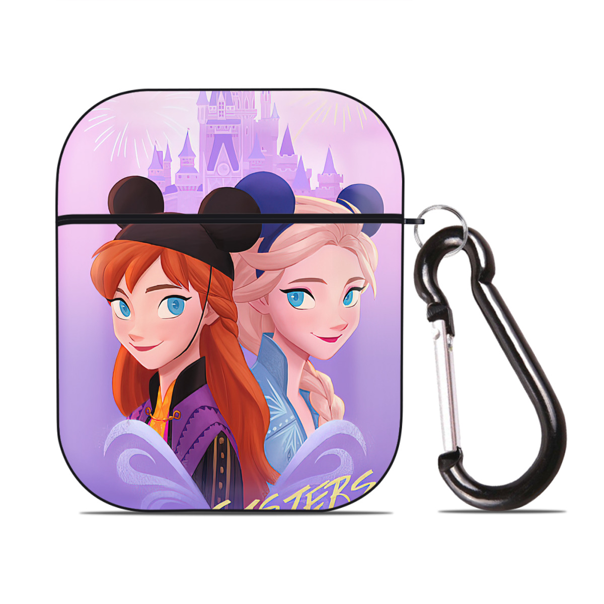（画像用） アナと雪の女王 アンナ エルサ Frozen Anna Elsa AirPods 第2世代保護ケース ハードシェル ブラック 耐衝撃・防指紋・カラビナ付き