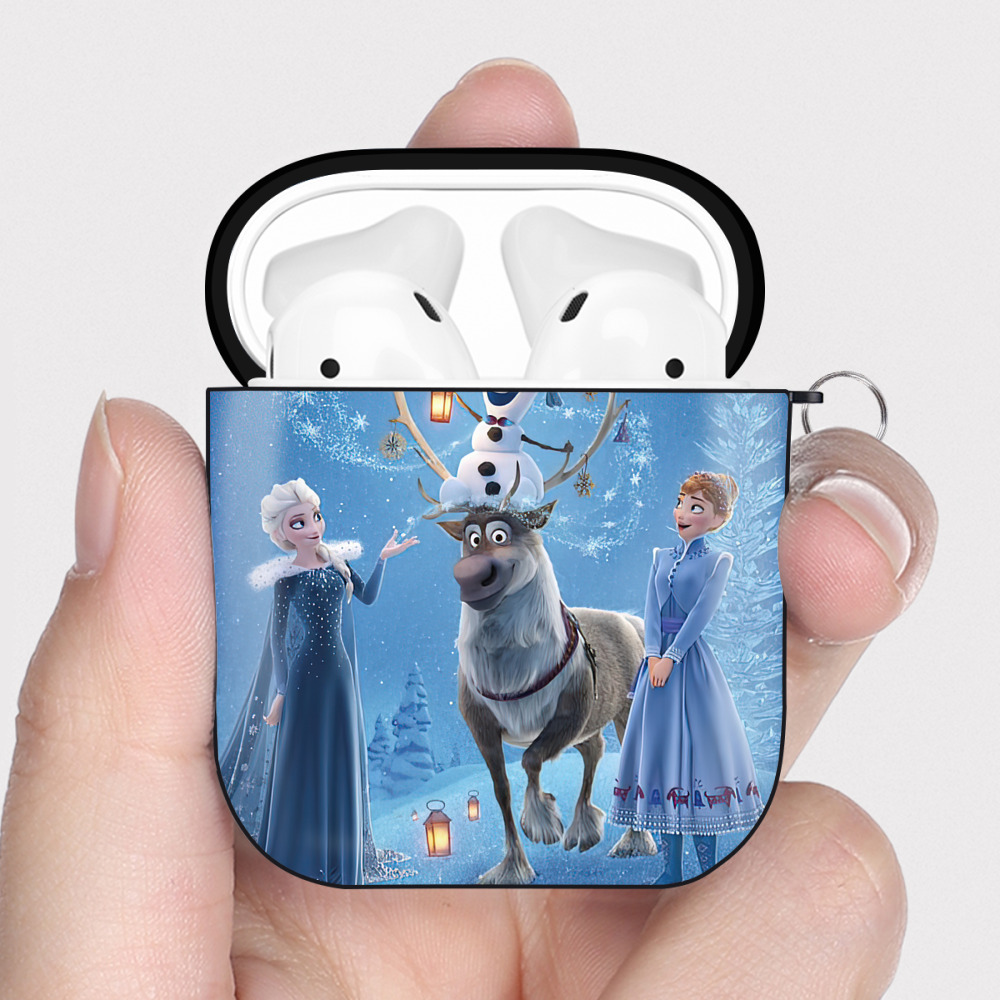 （画像用） アナと雪の女王 アンナ エルサ Frozen Anna Elsa AirPods 第2世代保護ケース ハードシェル ブラック 耐衝撃・防指紋・カラビナ付き