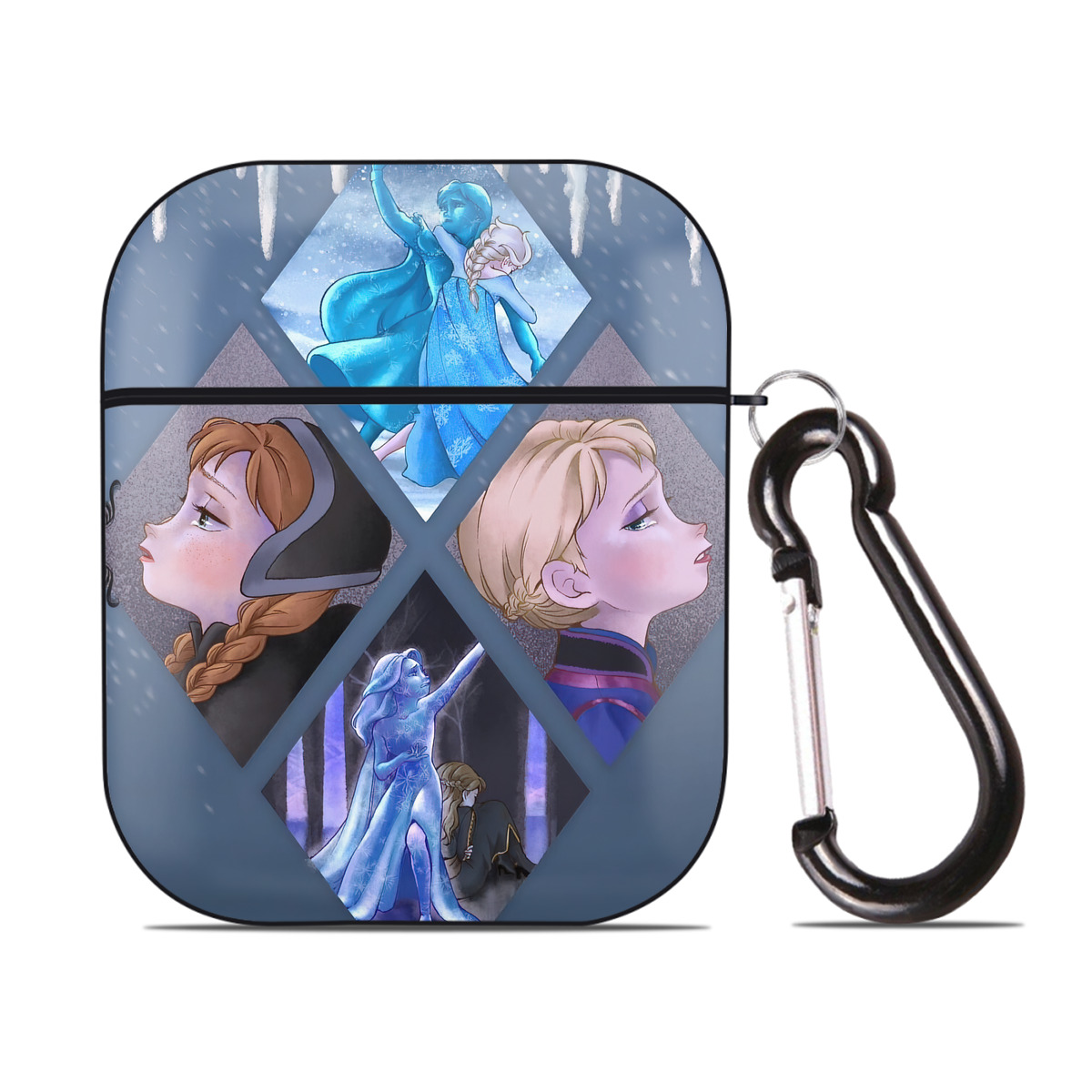（画像用） アナと雪の女王 アンナ エルサ Frozen Anna Elsa AirPods 第2世代保護ケース ハードシェル ブラック 耐衝撃・防指紋・カラビナ付き