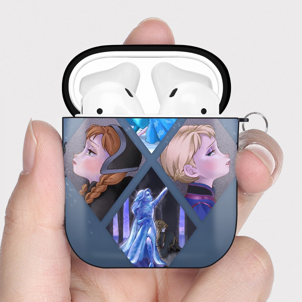 （画像用） アナと雪の女王 アンナ エルサ Frozen Anna Elsa AirPods 第2世代保護ケース ハードシェル ブラック 耐衝撃・防指紋・カラビナ付き