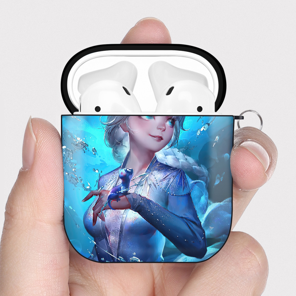 （画像用） アナと雪の女王 アンナ エルサ Frozen Anna Elsa AirPods 第2世代保護ケース ハードシェル ブラック 耐衝撃・防指紋・カラビナ付き
