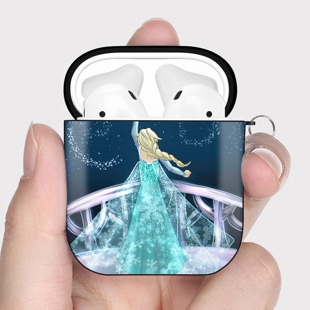 （画像用） アナと雪の女王 アンナ エルサ Frozen Anna Elsa AirPods 第2世代保護ケース ハードシェル ブラック 耐衝撃・防指紋・カラビナ付き