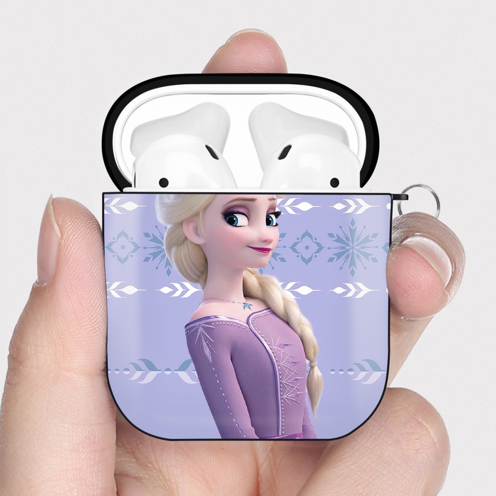 （画像用） アナと雪の女王 アンナ エルサ Frozen Anna Elsa AirPods 第2世代保護ケース ハードシェル ブラック 耐衝撃・防指紋・カラビナ付き