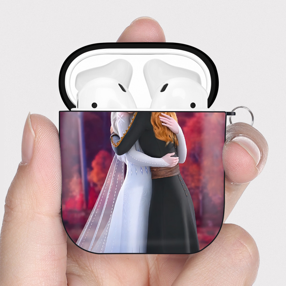 （画像用） アナと雪の女王 アンナ エルサ Frozen Anna Elsa AirPods 第2世代保護ケース ハードシェル ブラック 耐衝撃・防指紋・カラビナ付き