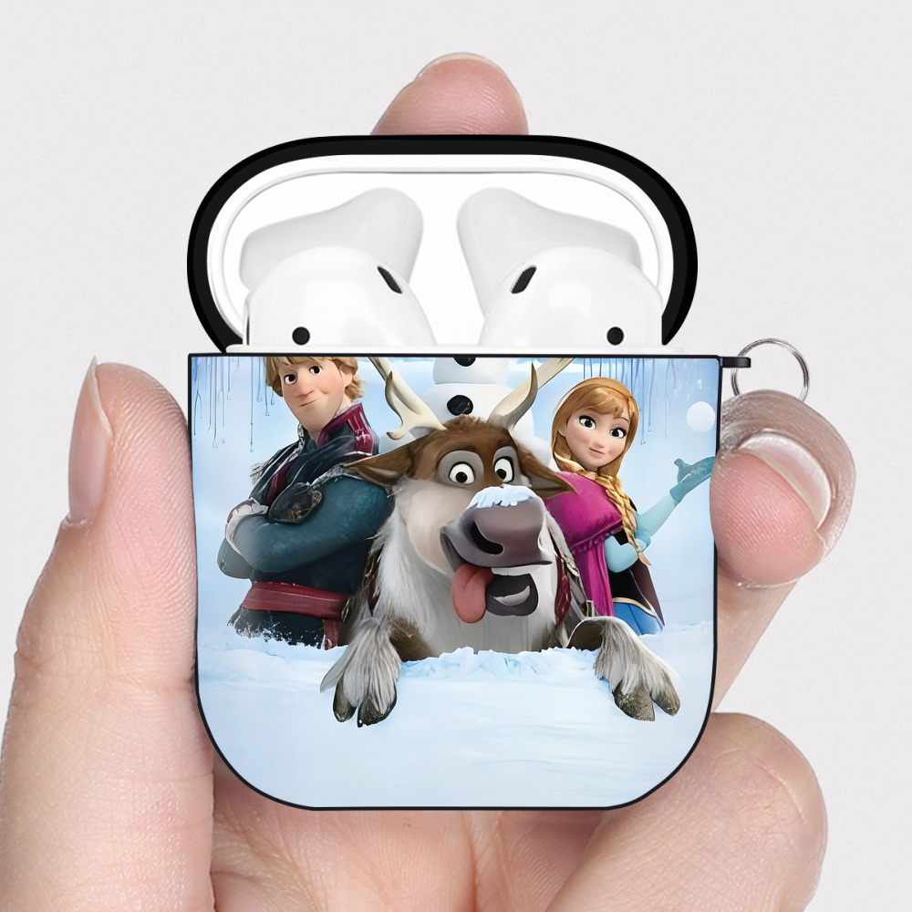（画像用） アナと雪の女王 アンナ エルサ Frozen Anna Elsa AirPods 第2世代保護ケース ハードシェル ブラック 耐衝撃・防指紋・カラビナ付き
