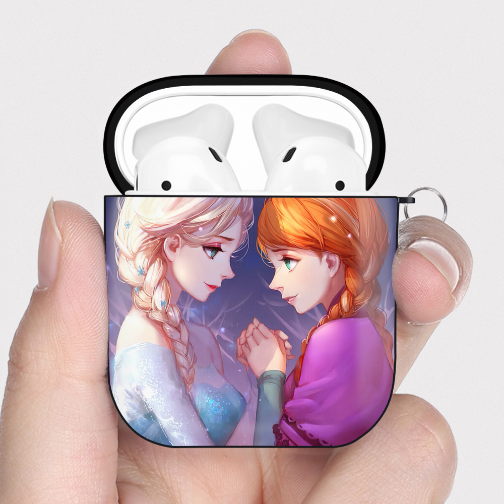 （画像用） アナと雪の女王 アンナ エルサ Frozen Anna Elsa AirPods 第2世代保護ケース ハードシェル ブラック 耐衝撃・防指紋・カラビナ付き