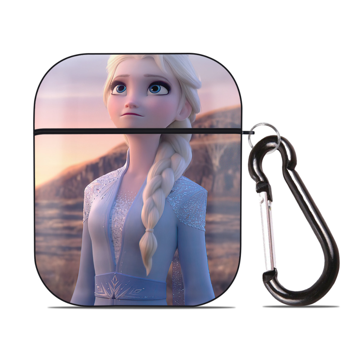 （画像用） アナと雪の女王 アンナ エルサ Frozen Anna Elsa AirPods 第2世代保護ケース ハードシェル ブラック 耐衝撃・防指紋・カラビナ付き