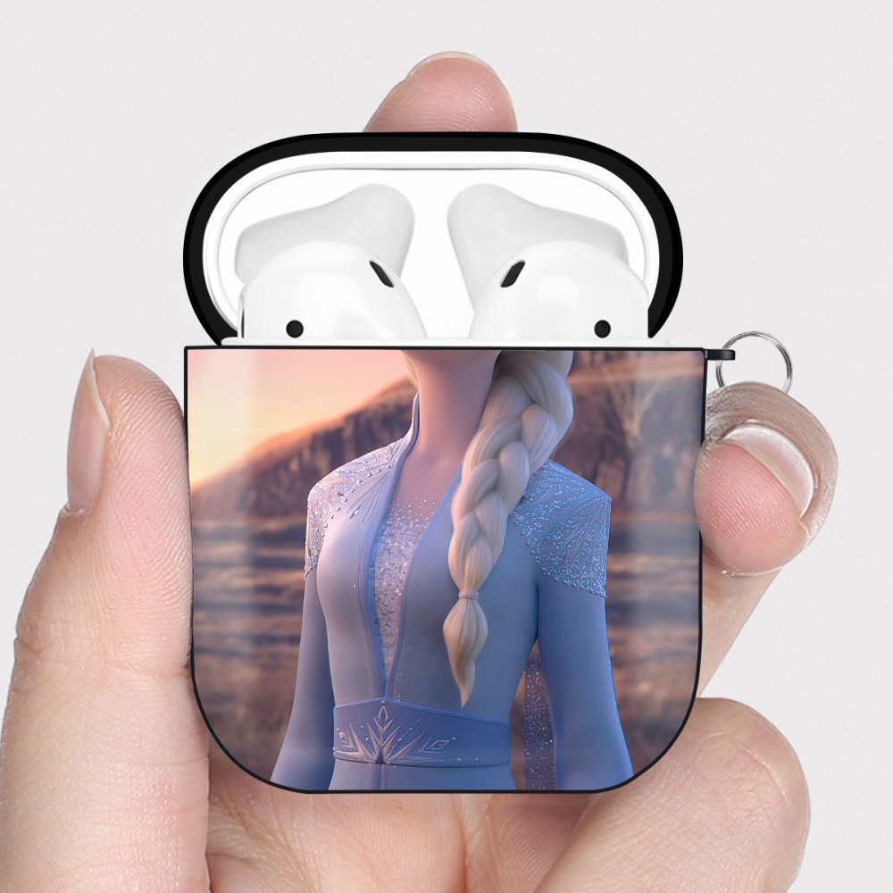 （画像用） アナと雪の女王 アンナ エルサ Frozen Anna Elsa AirPods 第2世代保護ケース ハードシェル ブラック 耐衝撃・防指紋・カラビナ付き