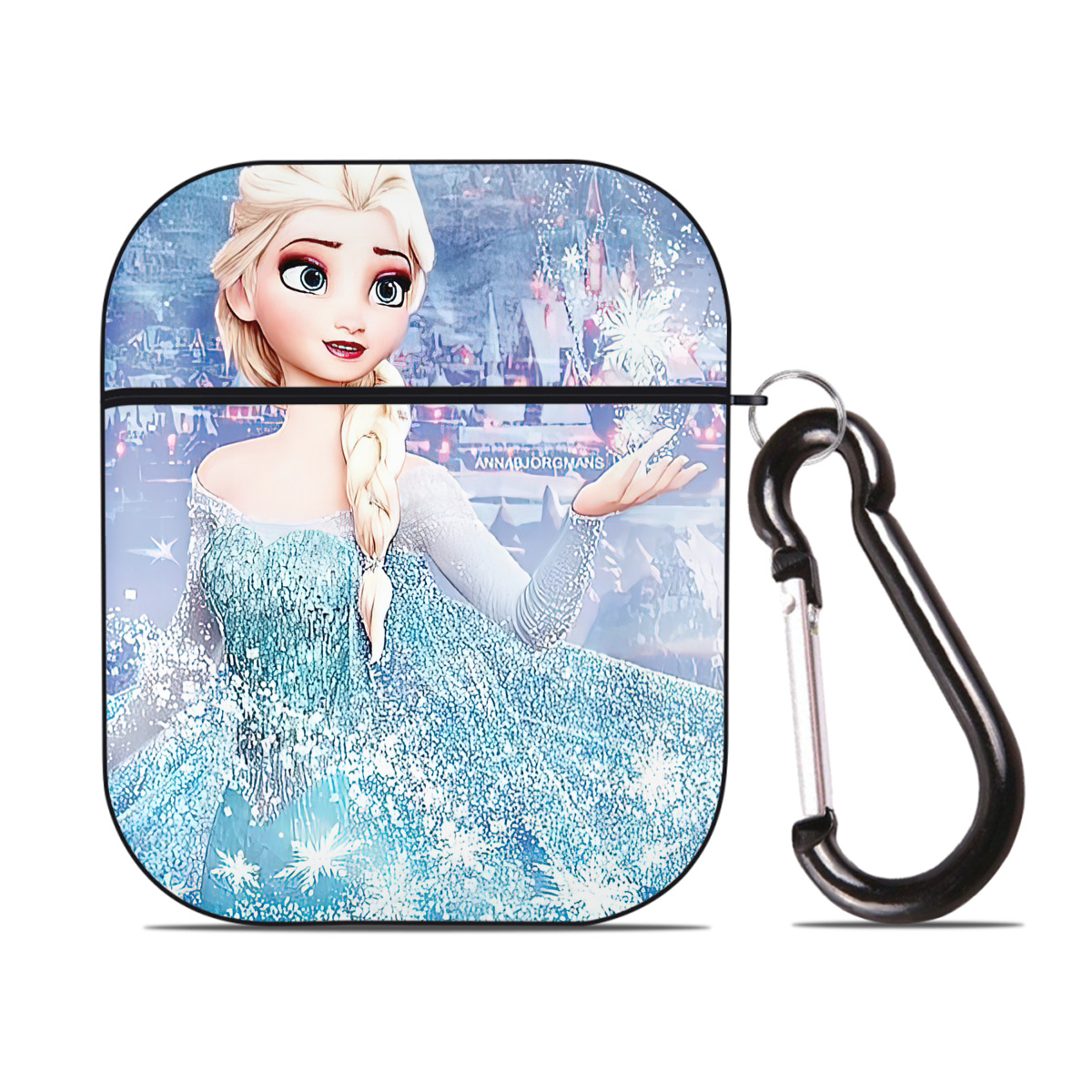 （画像用） アナと雪の女王 アンナ エルサ Frozen Anna Elsa AirPods 第2世代保護ケース ハードシェル ブラック 耐衝撃・防指紋・カラビナ付き
