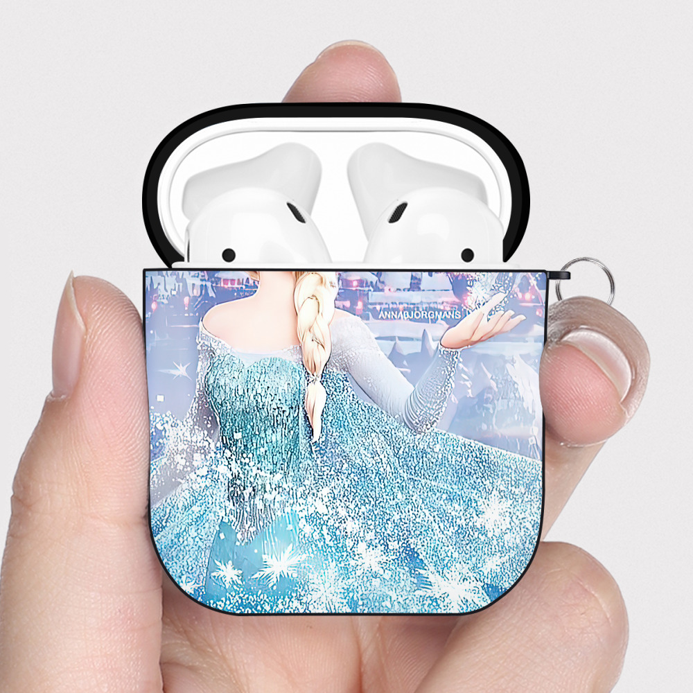 （画像用） アナと雪の女王 アンナ エルサ Frozen Anna Elsa AirPods 第2世代保護ケース ハードシェル ブラック 耐衝撃・防指紋・カラビナ付き