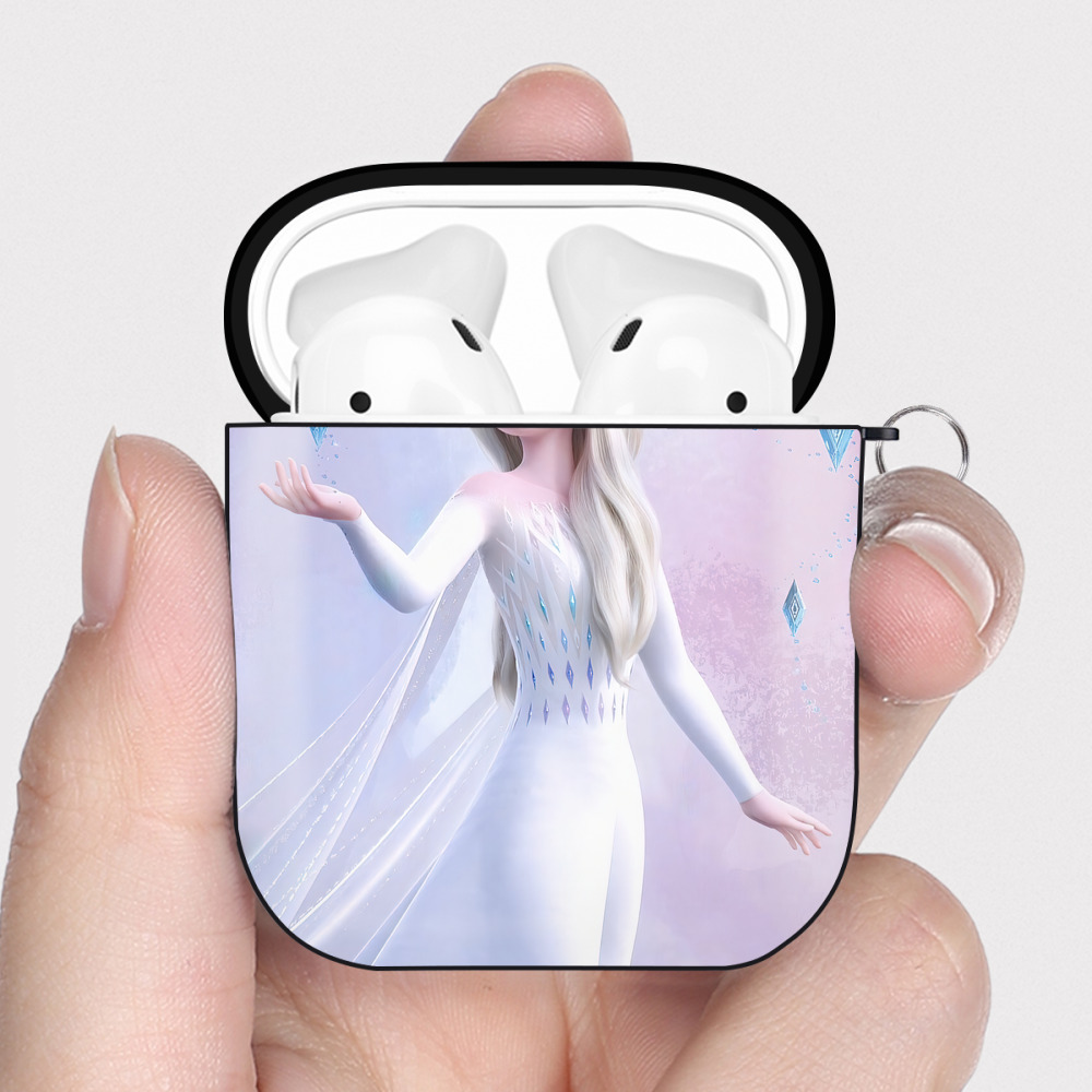 （画像用） アナと雪の女王 アンナ エルサ Frozen Anna Elsa AirPods 第2世代保護ケース ハードシェル ブラック 耐衝撃・防指紋・カラビナ付き
