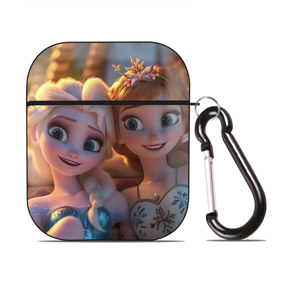 （画像用） アナと雪の女王 アンナ エルサ Frozen Anna Elsa AirPods 第2世代保護ケース ハードシェル ブラック 耐衝撃・防指紋・カラビナ付き