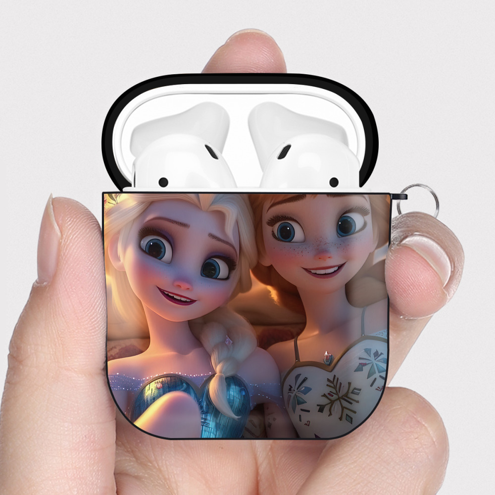 （画像用） アナと雪の女王 アンナ エルサ Frozen Anna Elsa AirPods 第2世代保護ケース ハードシェル ブラック 耐衝撃・防指紋・カラビナ付き