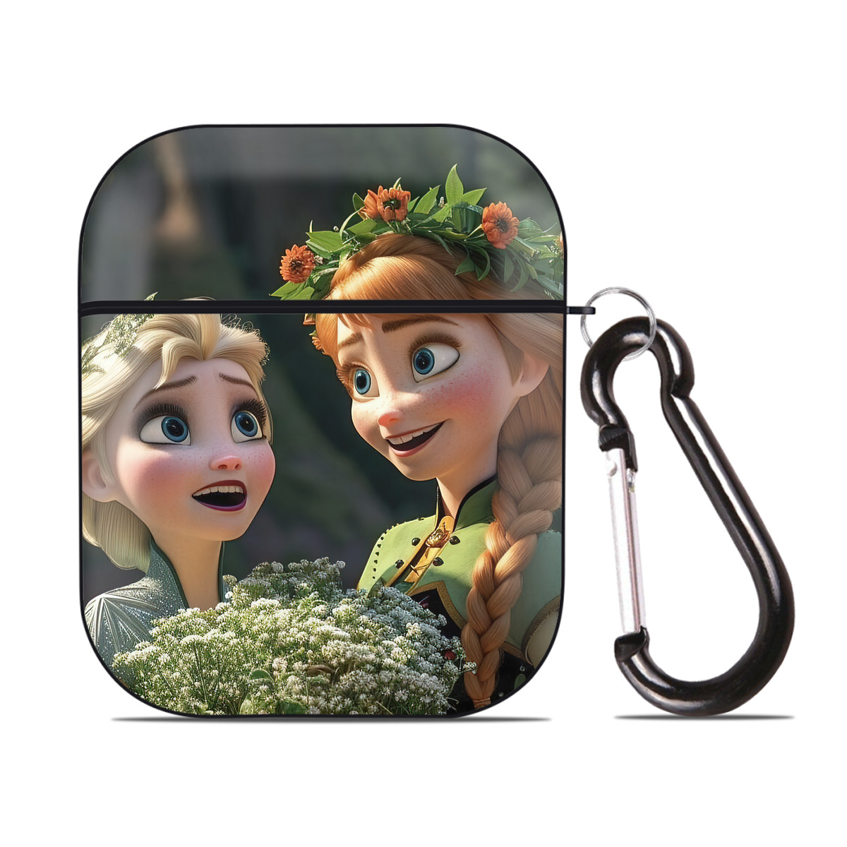 （画像用） アナと雪の女王 アンナ エルサ Frozen Anna Elsa AirPods 第2世代保護ケース ハードシェル ブラック 耐衝撃・防指紋・カラビナ付き