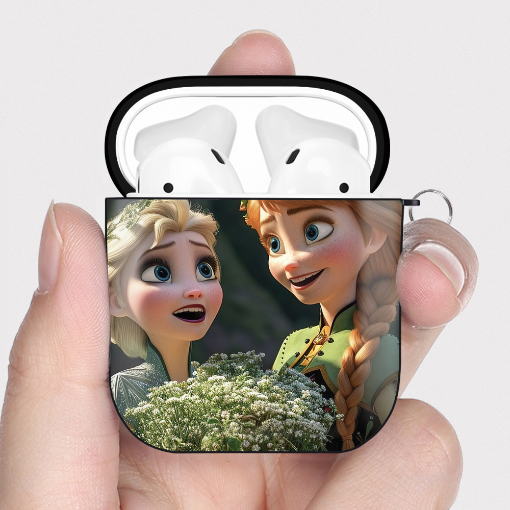 （画像用） アナと雪の女王 アンナ エルサ Frozen Anna Elsa AirPods 第2世代保護ケース ハードシェル ブラック 耐衝撃・防指紋・カラビナ付き