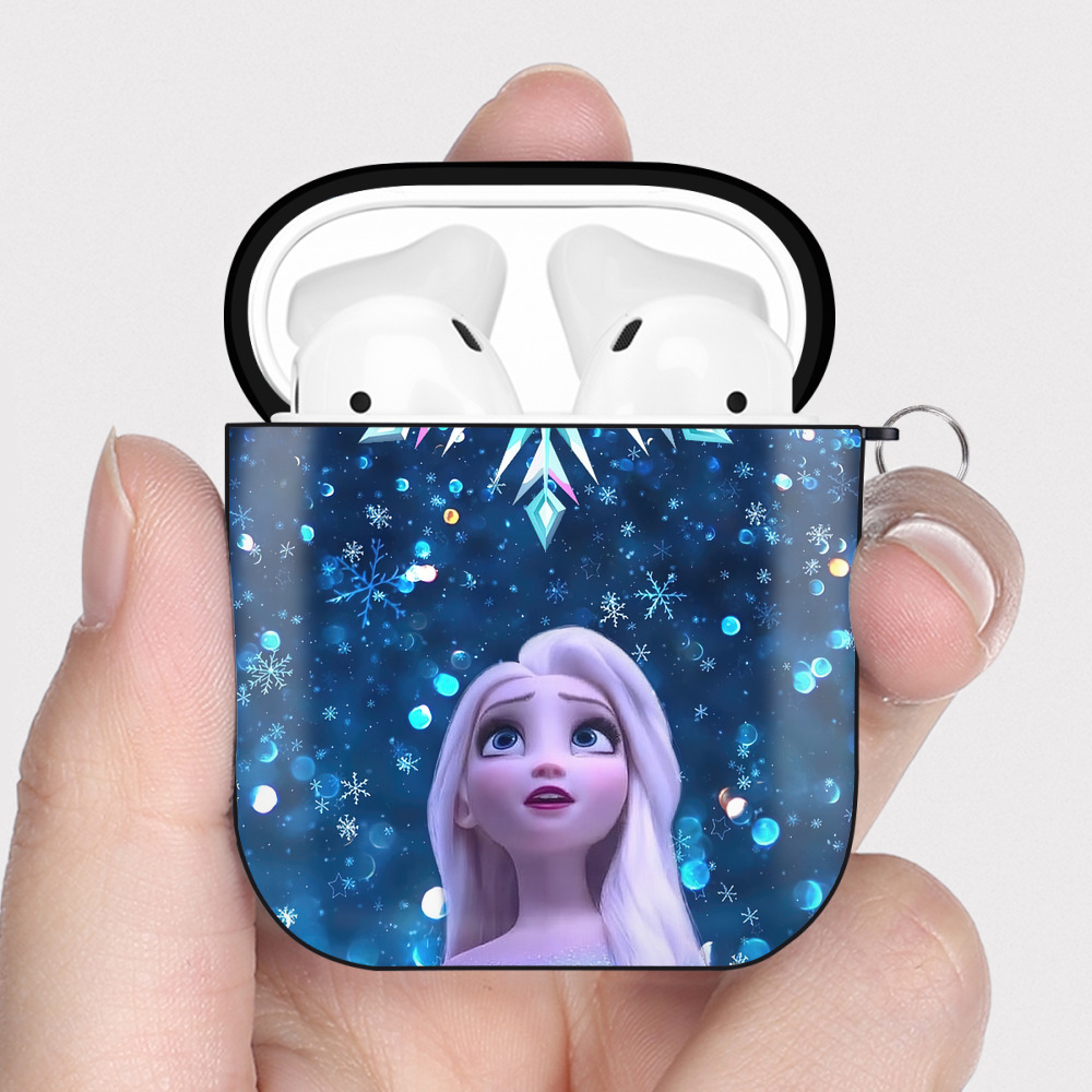 （画像用） アナと雪の女王 アンナ エルサ Frozen Anna Elsa AirPods 第2世代保護ケース ハードシェル ブラック 耐衝撃・防指紋・カラビナ付き