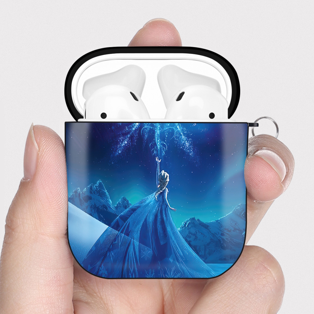 （画像用） アナと雪の女王 アンナ エルサ Frozen Anna Elsa AirPods 第2世代保護ケース ハードシェル ブラック 耐衝撃・防指紋・カラビナ付き