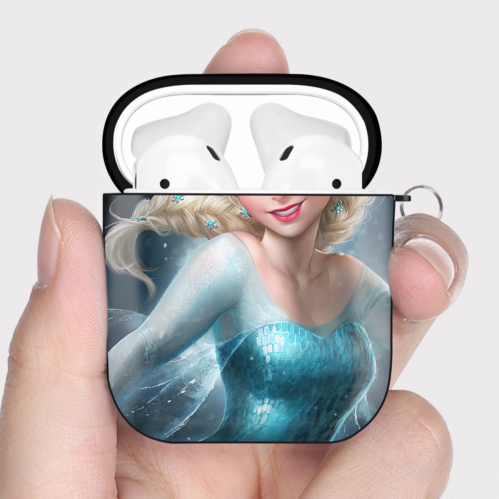 （画像用） アナと雪の女王 アンナ エルサ Frozen Anna Elsa AirPods 第2世代保護ケース ハードシェル ブラック 耐衝撃・防指紋・カラビナ付き