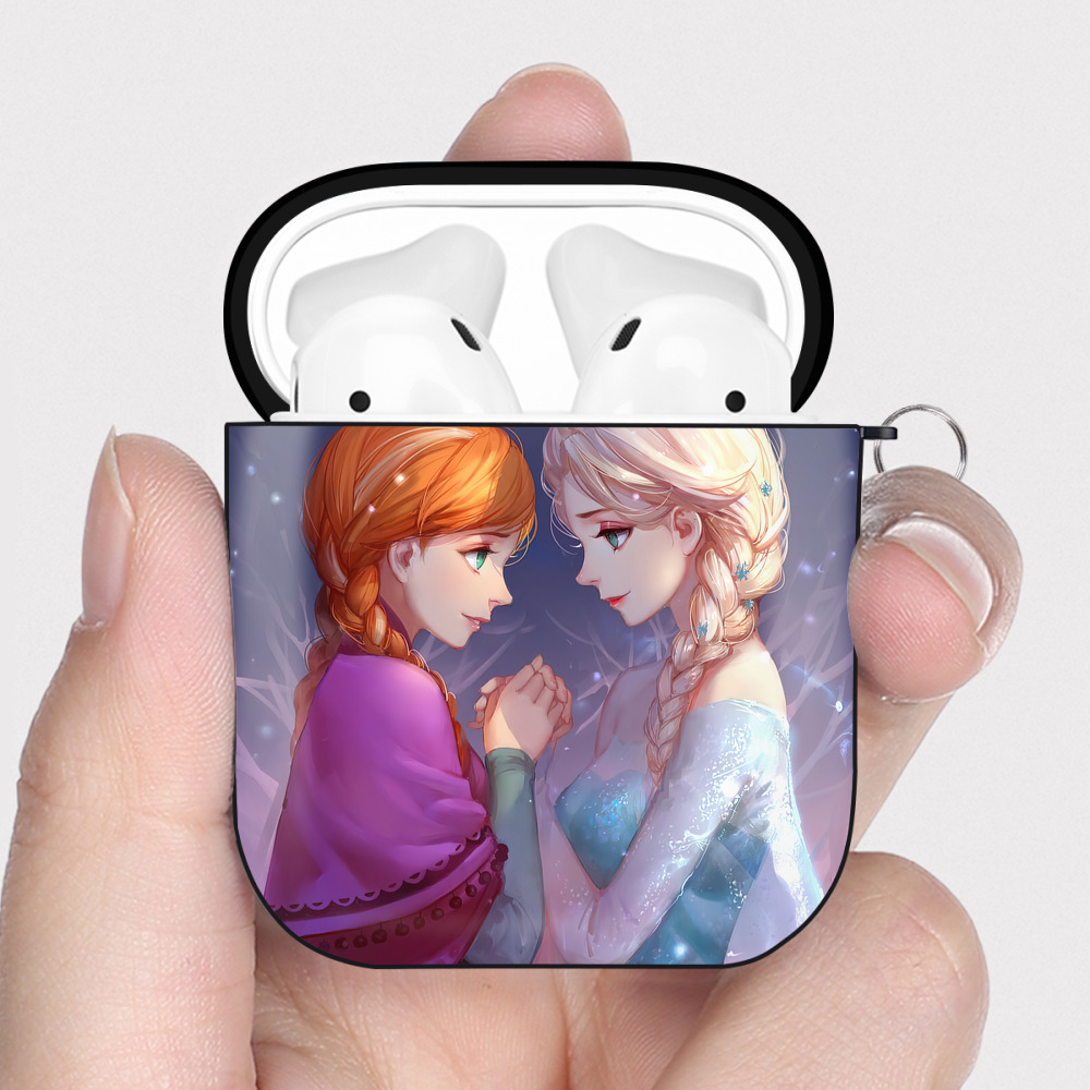 （画像用） アナと雪の女王 アンナ エルサ Frozen Anna Elsa AirPods 第2世代保護ケース ハードシェル ブラック 耐衝撃・防指紋・カラビナ付き