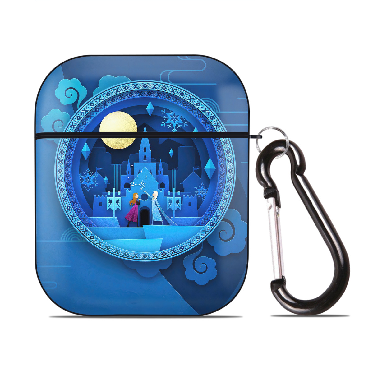 （画像用） アナと雪の女王 アンナ エルサ Frozen Anna Elsa AirPods 第2世代保護ケース ハードシェル ブラック 耐衝撃・防指紋・カラビナ付き