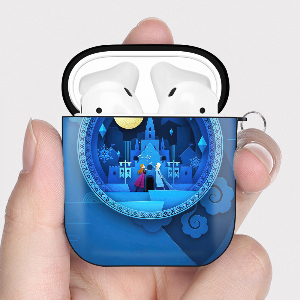 （画像用） アナと雪の女王 アンナ エルサ Frozen Anna Elsa AirPods 第2世代保護ケース ハードシェル ブラック 耐衝撃・防指紋・カラビナ付き