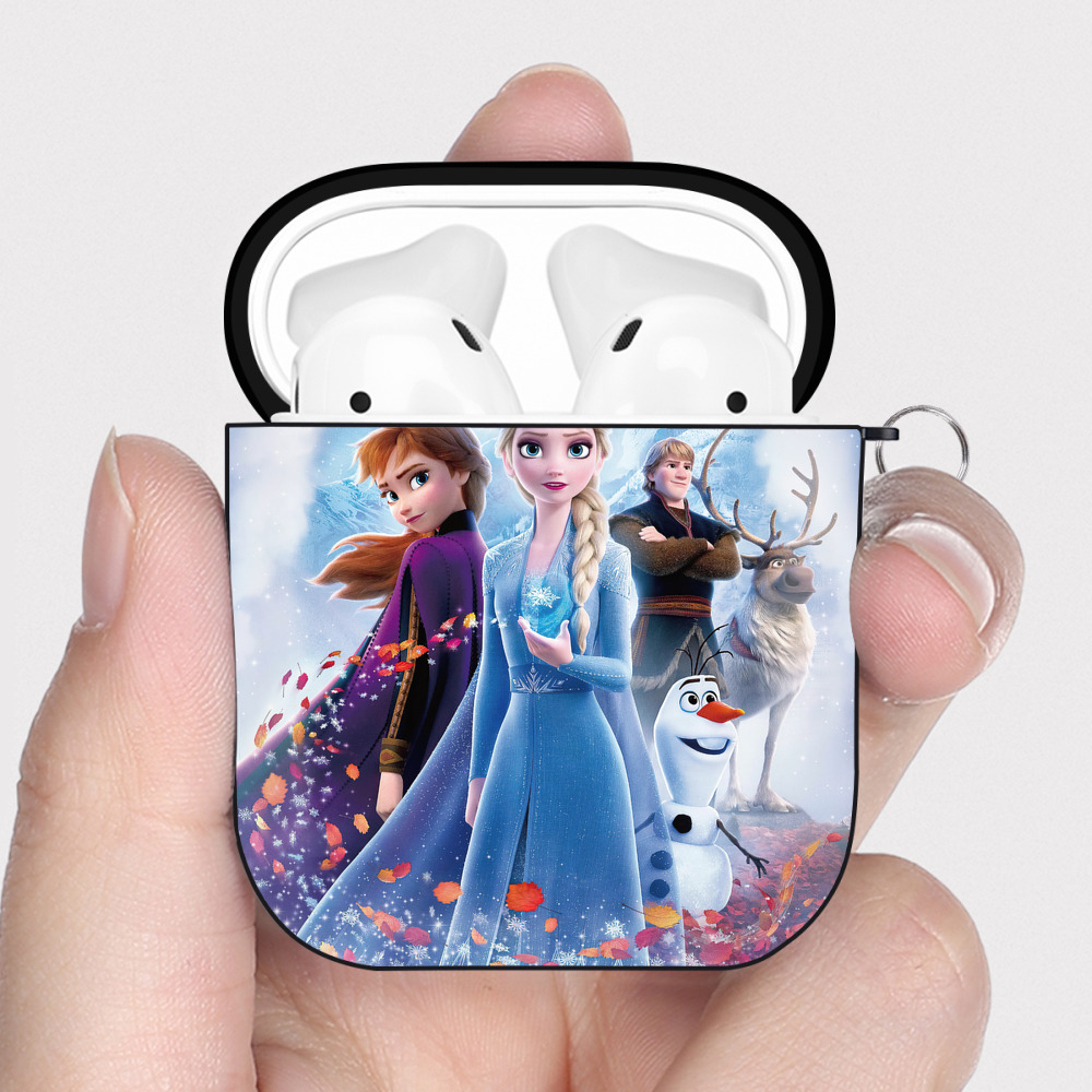 （画像用） アナと雪の女王 アンナ エルサ Frozen Anna Elsa AirPods 第2世代保護ケース ハードシェル ブラック 耐衝撃・防指紋・カラビナ付き
