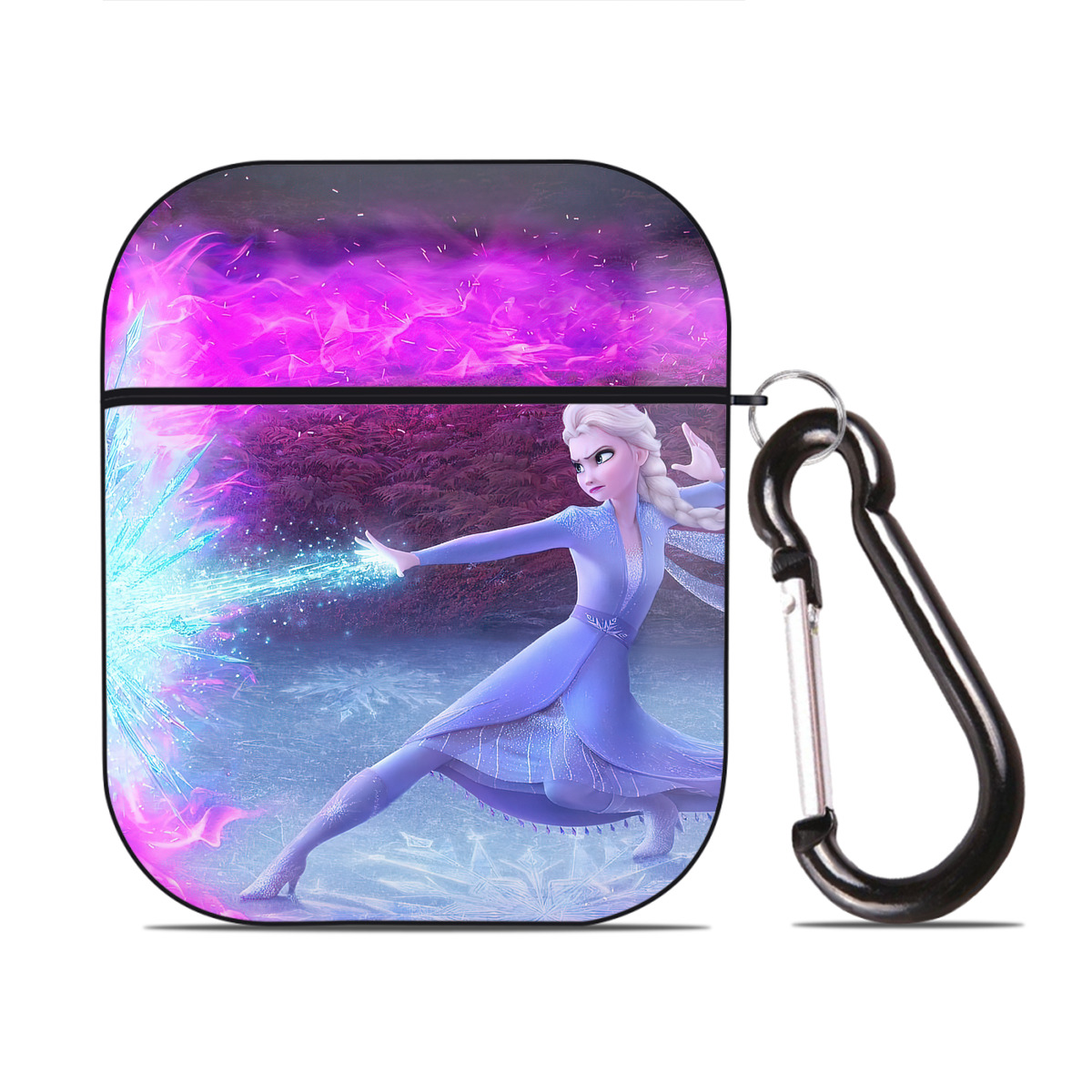 （画像用） アナと雪の女王 アンナ エルサ Frozen Anna Elsa AirPods 第2世代保護ケース ハードシェル ブラック 耐衝撃・防指紋・カラビナ付き