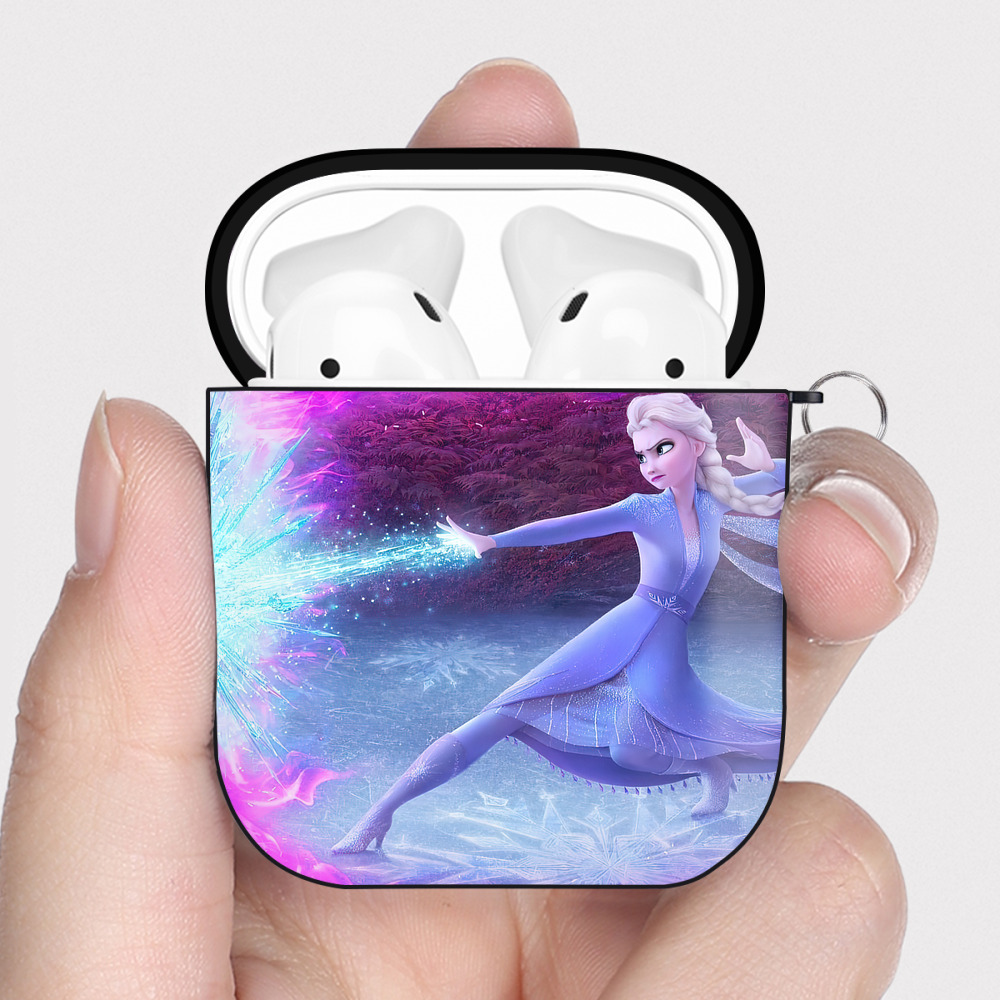 （画像用） アナと雪の女王 アンナ エルサ Frozen Anna Elsa AirPods 第2世代保護ケース ハードシェル ブラック 耐衝撃・防指紋・カラビナ付き