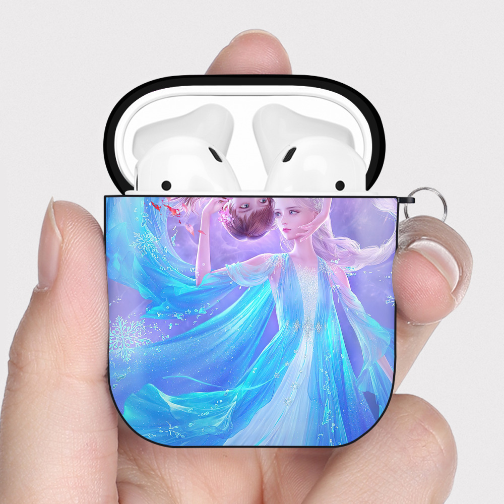 （画像用） アナと雪の女王 アンナ エルサ Frozen Anna Elsa AirPods 第2世代保護ケース ハードシェル ブラック 耐衝撃・防指紋・カラビナ付き