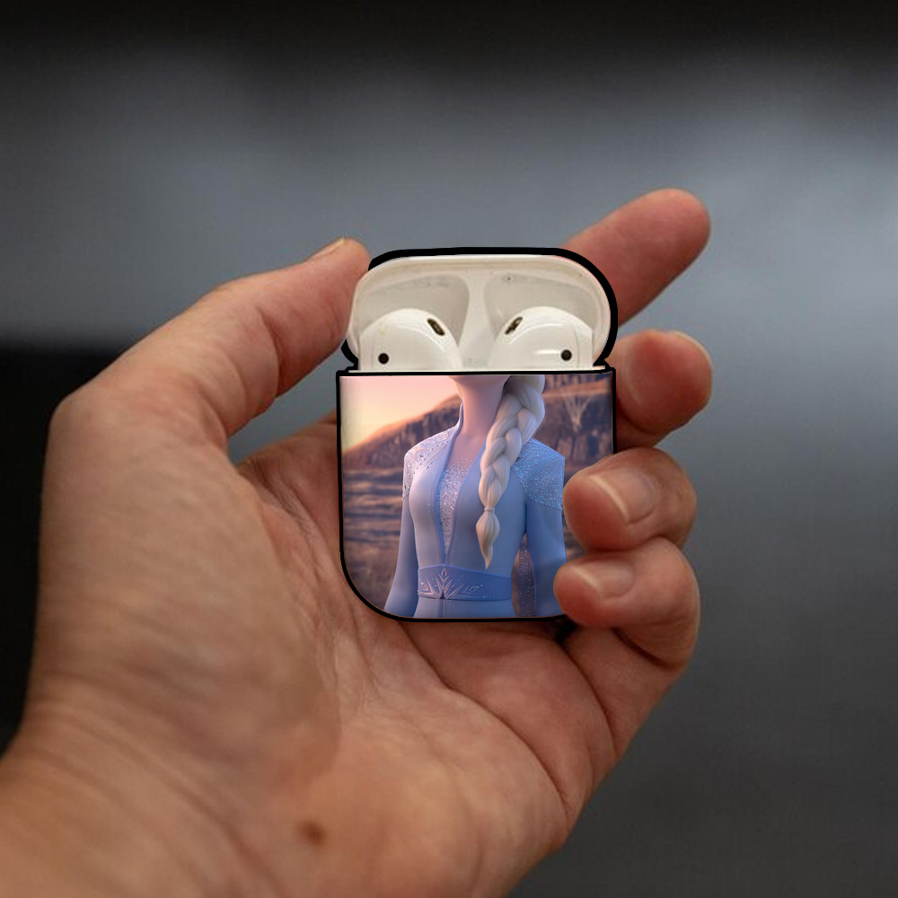 アナと雪の女王 アンナ エルサ Frozen Anna Elsa AirPods 第2世代保護ケース ハードシェル ブラック 耐衝撃・防指紋・カラビナ付き