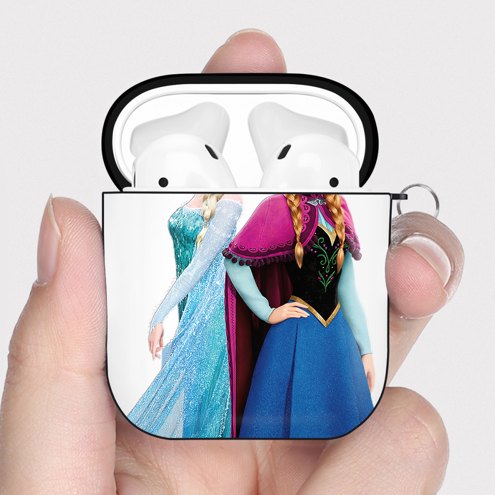 （画像用） アナと雪の女王 アンナ エルサ Frozen Anna Elsa AirPods 第2世代保護ケース ハードシェル ブラック 耐衝撃・防指紋・カラビナ付き