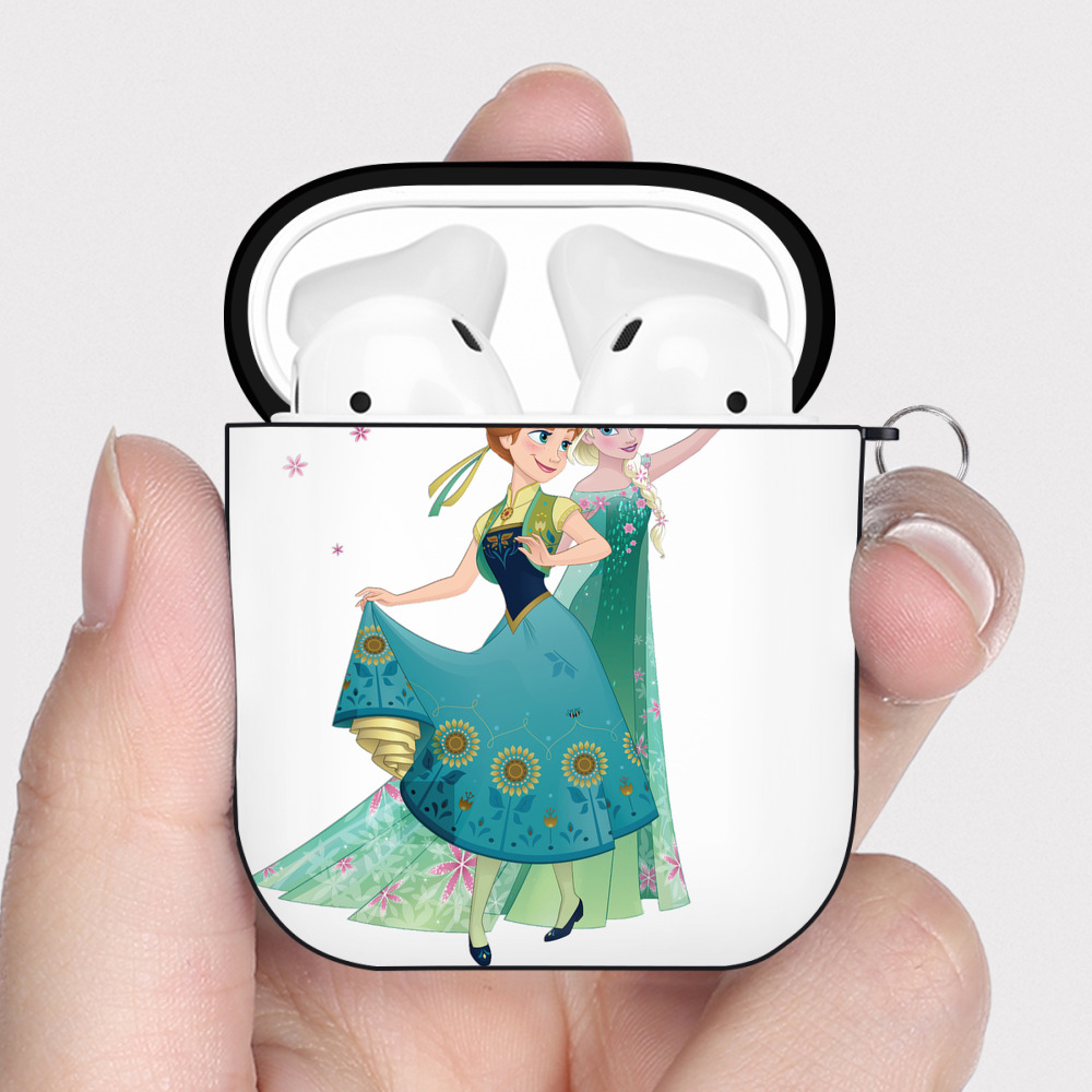 （画像用） アナと雪の女王 アンナ エルサ Frozen Anna Elsa AirPods 第2世代保護ケース ハードシェル ブラック 耐衝撃・防指紋・カラビナ付き