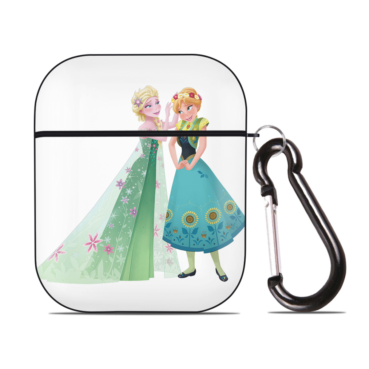 （画像用） アナと雪の女王 アンナ エルサ Frozen Anna Elsa AirPods 第2世代保護ケース ハードシェル ブラック 耐衝撃・防指紋・カラビナ付き