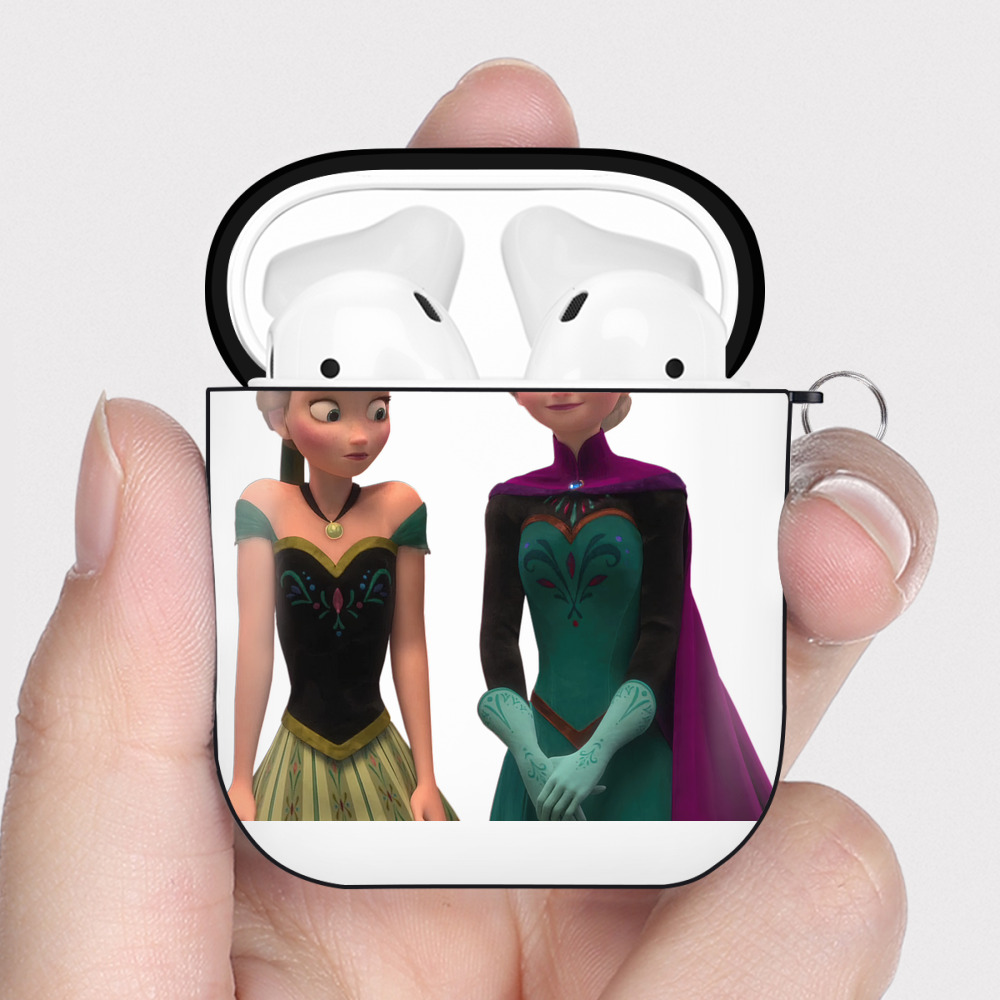 （画像用） アナと雪の女王 アンナ エルサ Frozen Anna Elsa AirPods 第2世代保護ケース ハードシェル ブラック 耐衝撃・防指紋・カラビナ付き