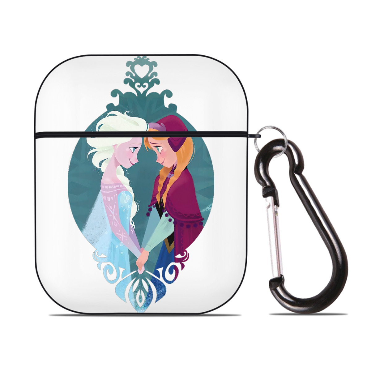 （画像用） アナと雪の女王 アンナ エルサ Frozen Anna Elsa AirPods 第2世代保護ケース ハードシェル ブラック 耐衝撃・防指紋・カラビナ付き