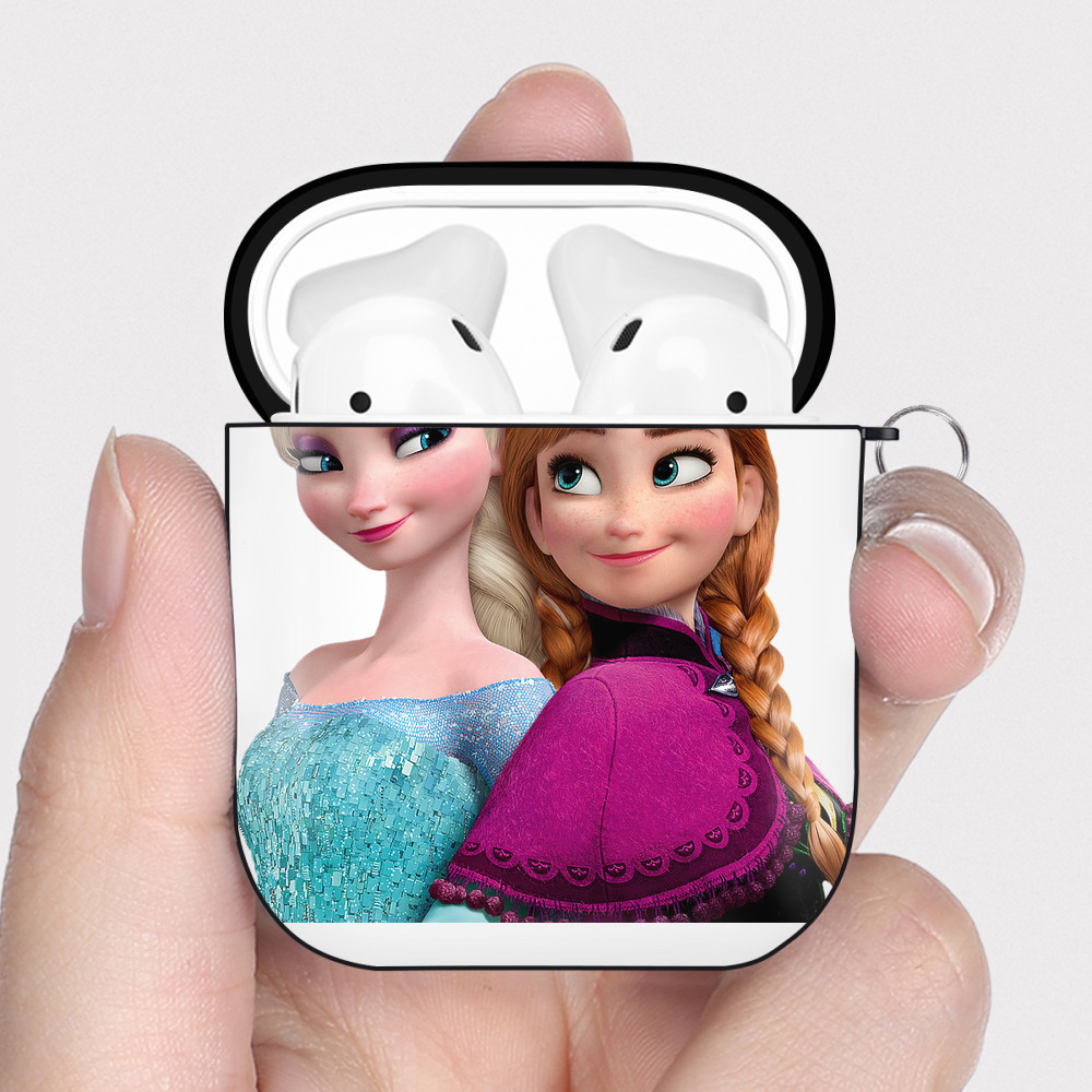 （画像用） アナと雪の女王 アンナ エルサ Frozen Anna Elsa AirPods 第2世代保護ケース ハードシェル ブラック 耐衝撃・防指紋・カラビナ付き