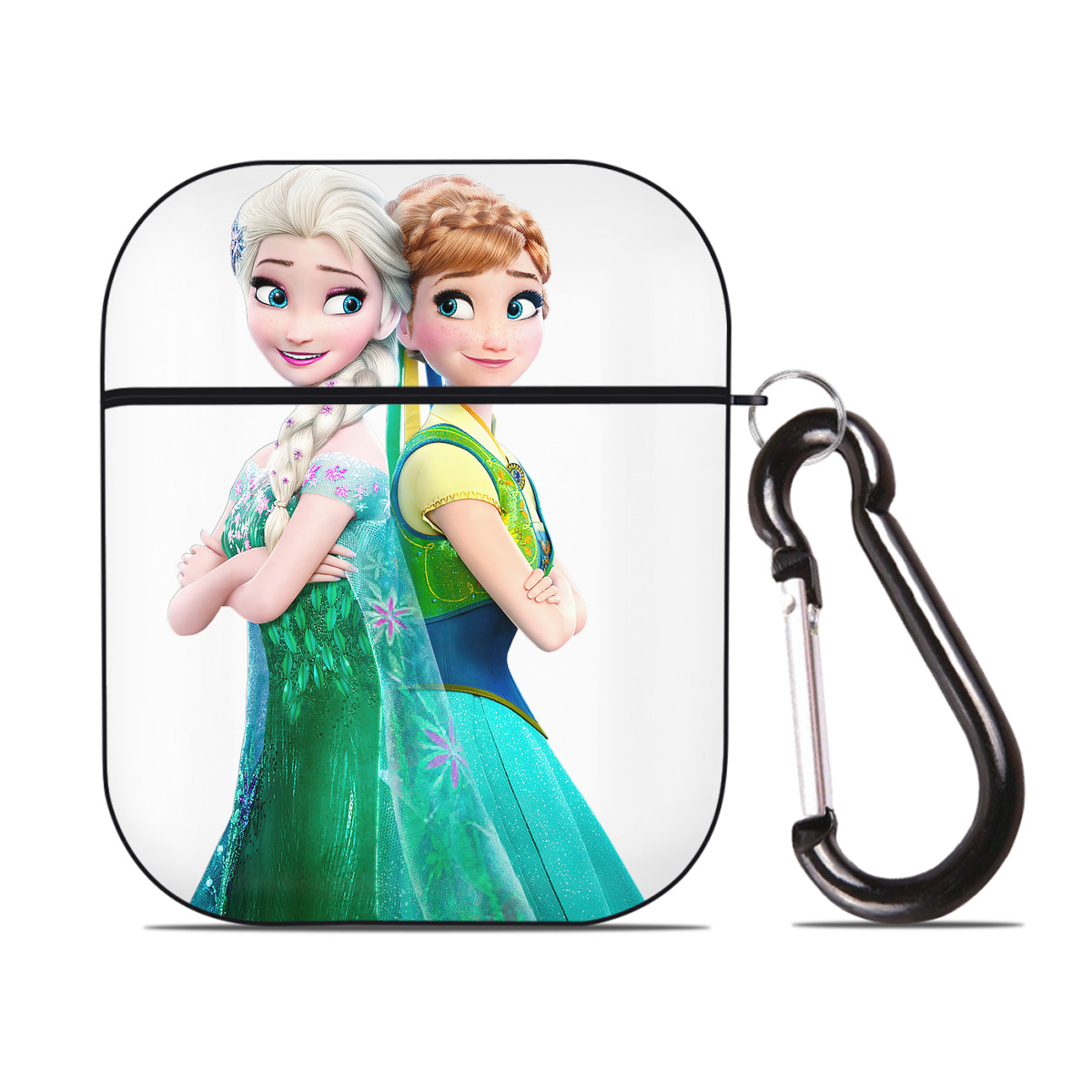 （画像用） アナと雪の女王 アンナ エルサ Frozen Anna Elsa AirPods 第2世代保護ケース ハードシェル ブラック 耐衝撃・防指紋・カラビナ付き