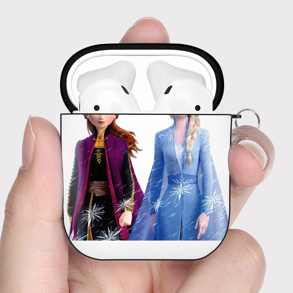 （画像用） アナと雪の女王 アンナ エルサ Frozen Anna Elsa AirPods 第2世代保護ケース ハードシェル ブラック 耐衝撃・防指紋・カラビナ付き