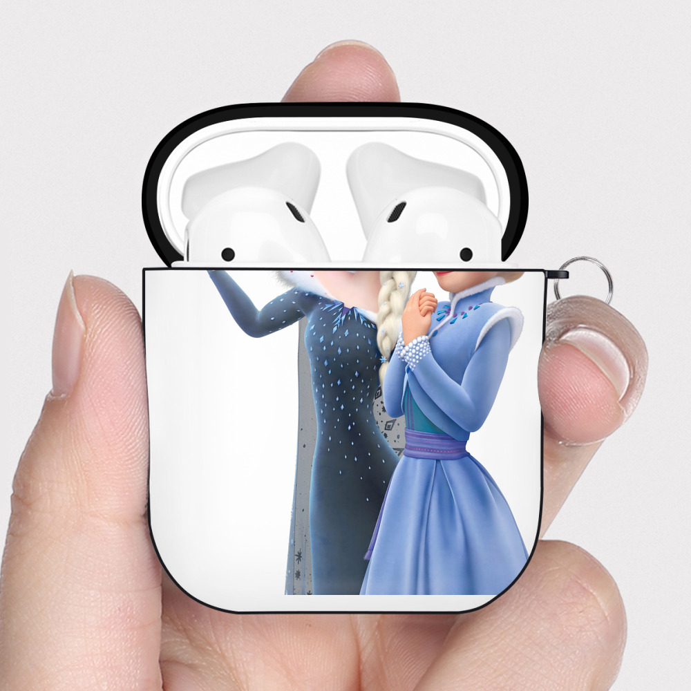（画像用） アナと雪の女王 アンナ エルサ Frozen Anna Elsa AirPods 第2世代保護ケース ハードシェル ブラック 耐衝撃・防指紋・カラビナ付き