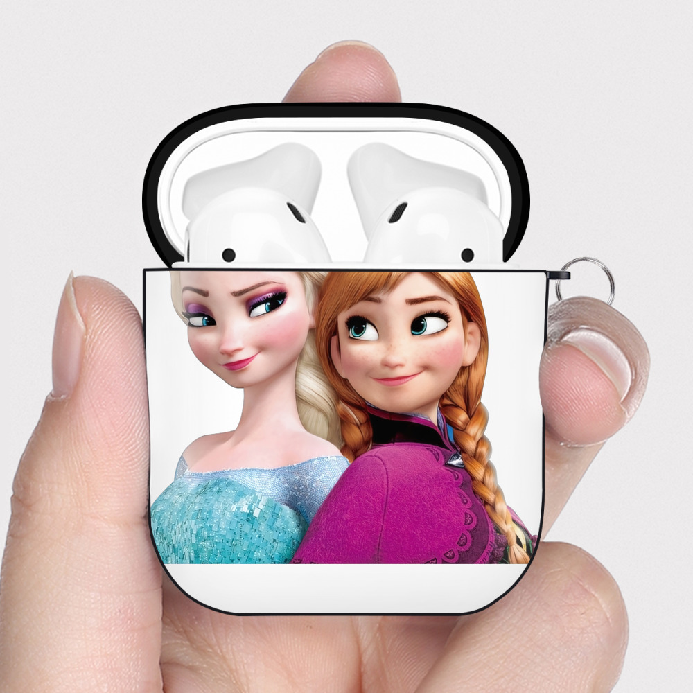 （画像用） アナと雪の女王 アンナ エルサ Frozen Anna Elsa AirPods 第2世代保護ケース ハードシェル ブラック 耐衝撃・防指紋・カラビナ付き