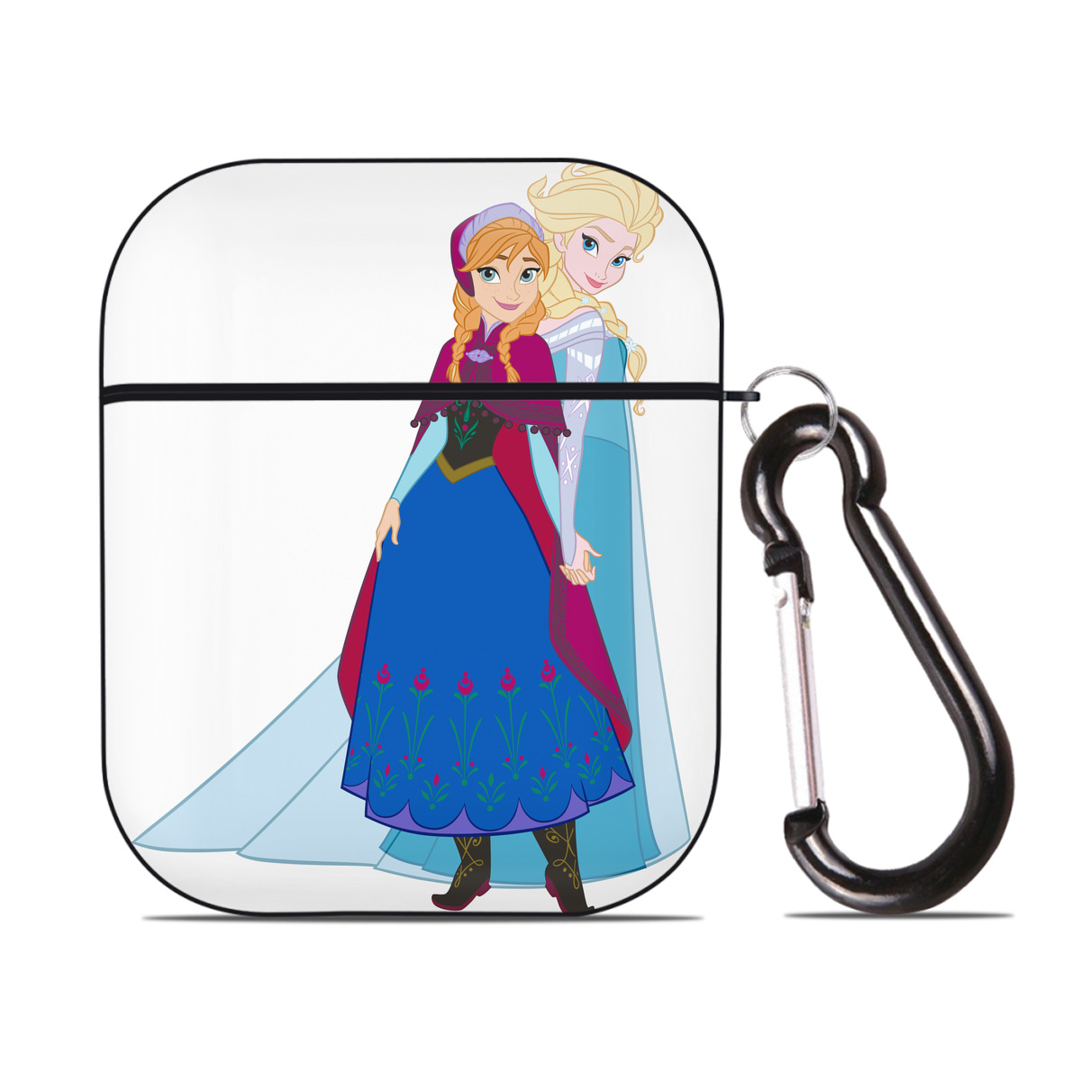 （画像用） アナと雪の女王 アンナ エルサ Frozen Anna Elsa AirPods 第2世代保護ケース ハードシェル ブラック 耐衝撃・防指紋・カラビナ付き