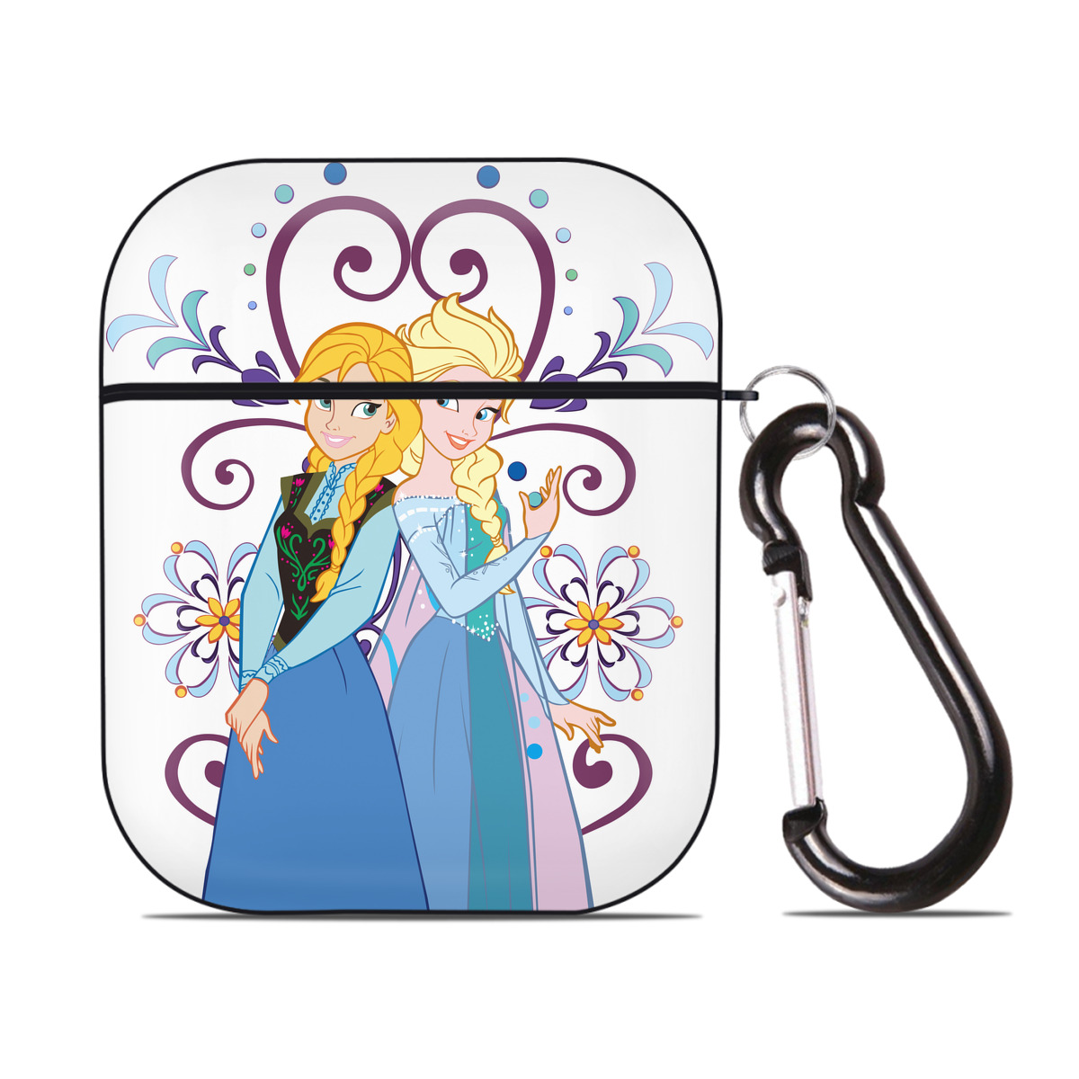 （画像用） アナと雪の女王 アンナ エルサ Frozen Anna Elsa AirPods 第2世代保護ケース ハードシェル ブラック 耐衝撃・防指紋・カラビナ付き